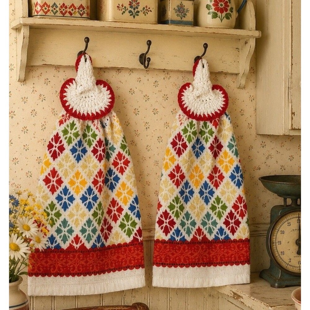 Set 2 Crochet Top Hanging Kitchen Towels Colorful Nordic Farmhouse Decor - Picture 1 of 11